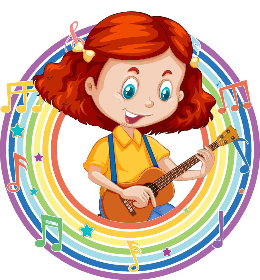 een meisje dat gitaar speelt in een regenboog rond frame met melodiesymbolen vector