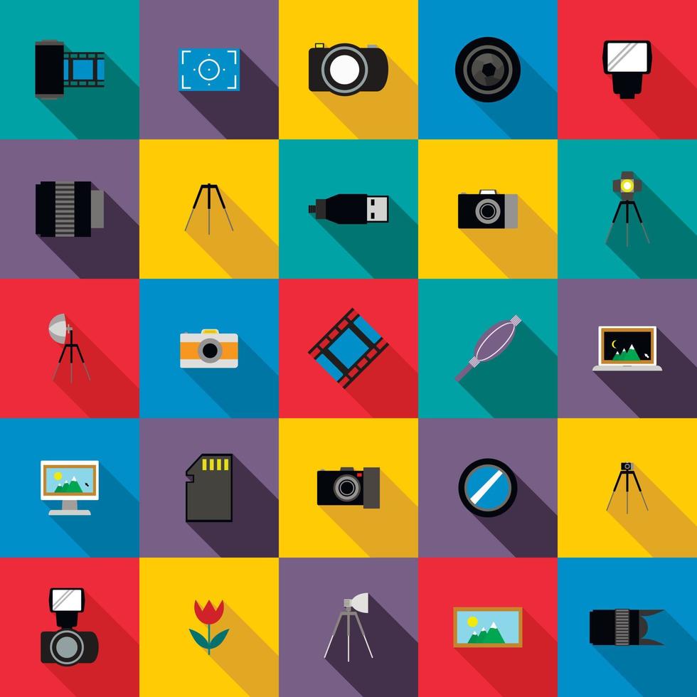 fotostudio apparatuur iconen set, vlakke stijl vector