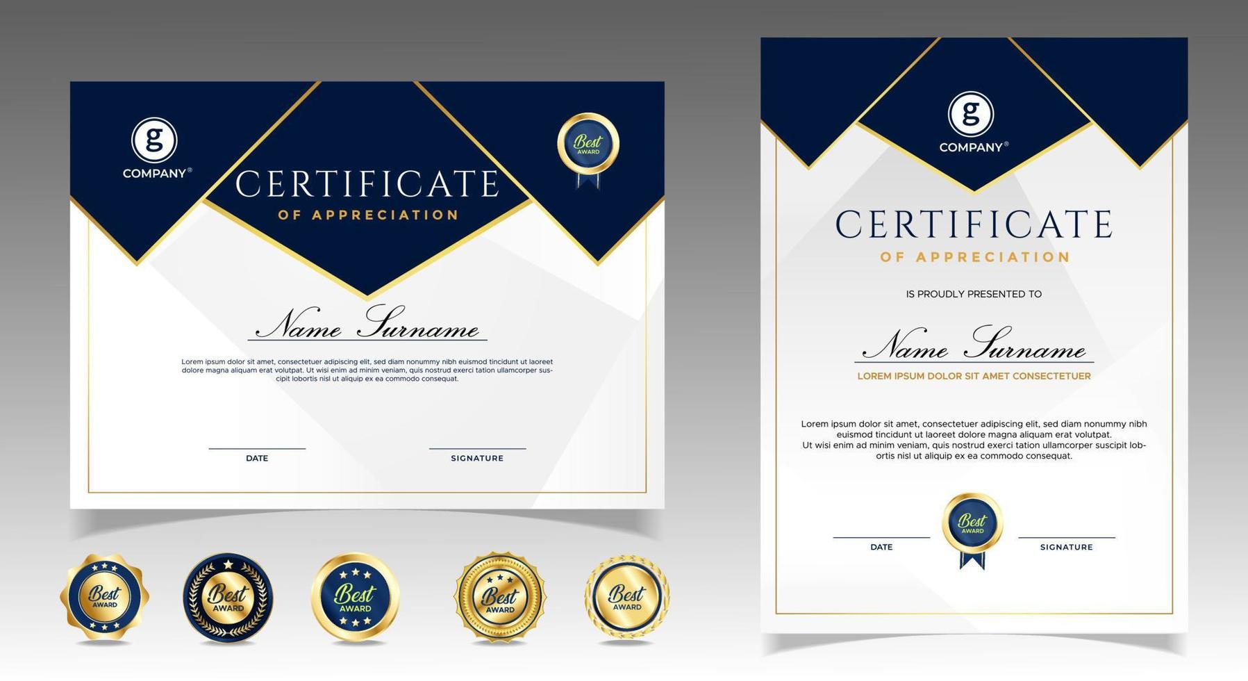 certificaat van waardering sjabloon, goud en blauwe kleur. schoon modern certificaat met gouden badge. certificaatrandsjabloon met luxe en modern lijnpatroon. diploma vector sjabloon
