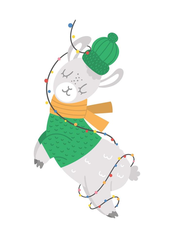 vector lama in groene muts, sjaal en trui gewikkeld in een slinger. schattige winter dieren illustratie. grappig kerstkaartontwerp. nieuwjaarsafdruk met lachend karakter