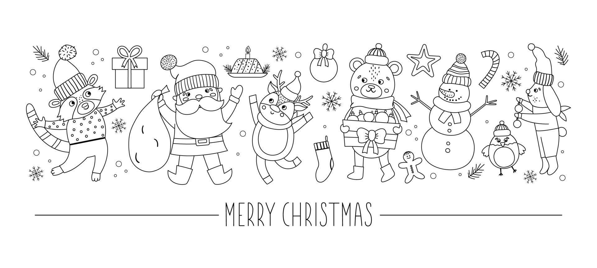 vector horizontale set met zwarte en witte kerst tekens en elementen. kaartsjabloonontwerp met de kerstman, grappige dieren, sneeuwpop, aanwezig. leuke winter- of nieuwjaarslijnrand.