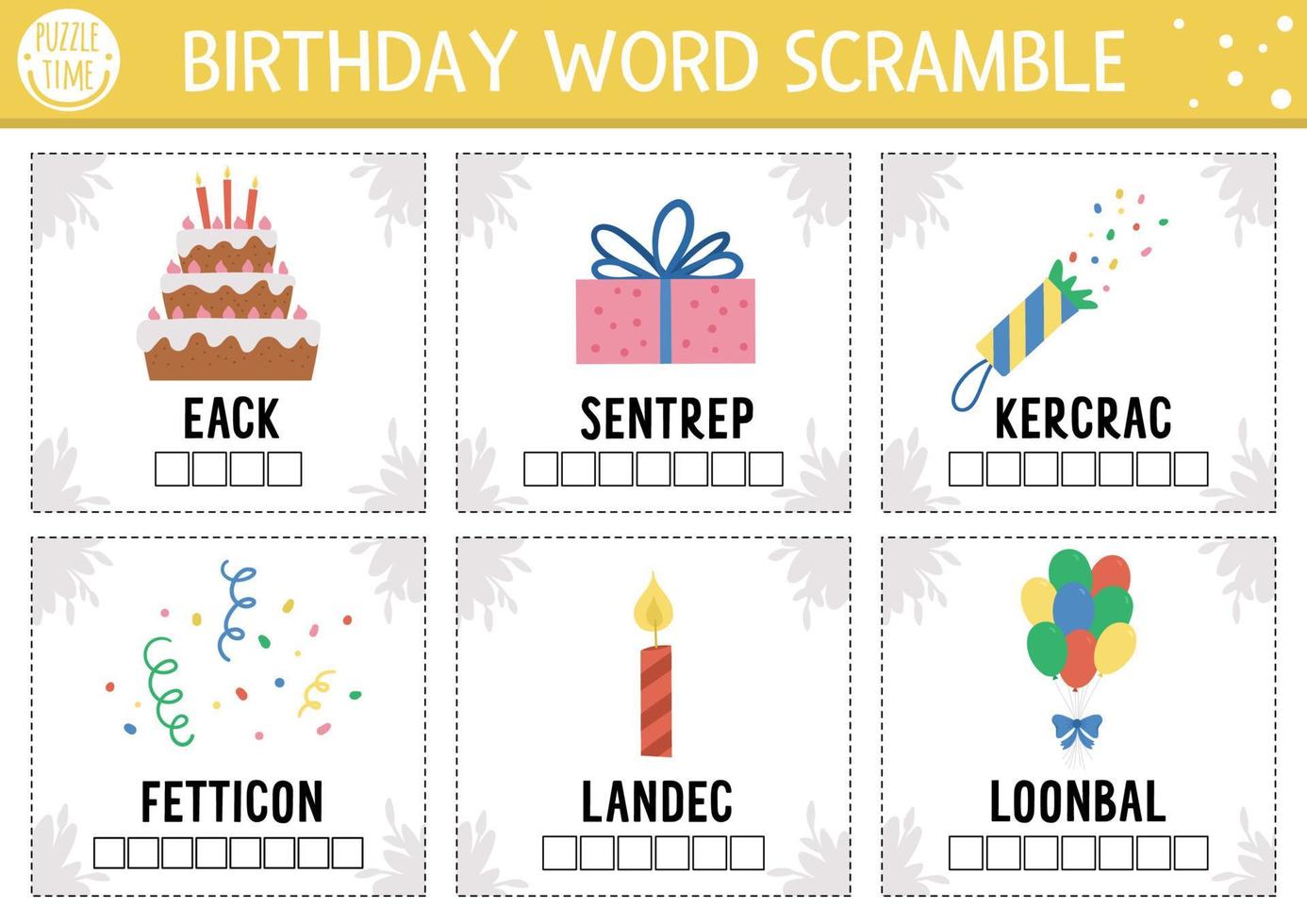 vector gelukkige verjaardag woord scramble activiteit kaarten. engels taalspel met schattige kaars, ballonnen, cake voor kinderen. familiequiz voor vakantiefeesten. eenvoudig educatief afdrukbaar werkblad.