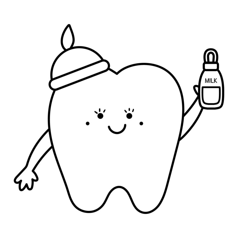 zwart-wit kawaii tand met melkfles. vector tanden lijn pictogram. grappige tandheelkundige zorg foto voor kinderen. tandarts babykliniek clipart of kleurplaat met mondhygiëne concept