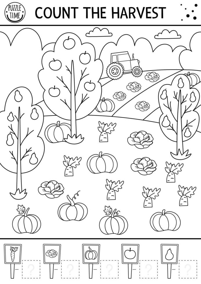 herfst zwart-wit telspel met oogst in de tuin of in het veld. vallen of thanksgiving lijn wiskunde activiteit. eenvoudig afdrukbaar werkblad met boerderijthema. educatieve kleurpuzzel voor kinderen. vector