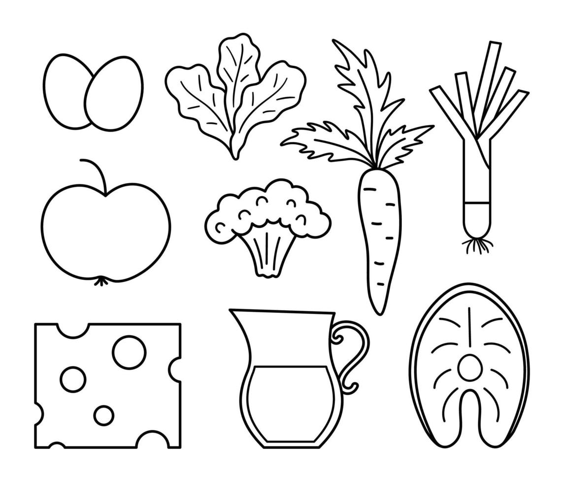 zwart-wit set van vector gezond eten en drinken pictogrammen. schets groente, melkproducten, fruit, bes, vis illustratie. lijn biologische voeding clipart of kleurplaat.