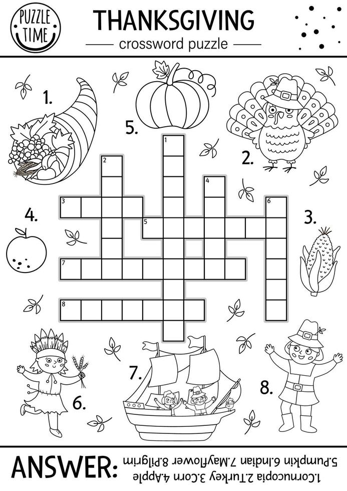 vector thanksgiving kruiswoordraadsel voor kinderen. eenvoudige herfstquiz met traditionele symbolen voor kinderen. educatieve activiteit met kalkoen, pelgrim, pompoen, native american. herfstvakantie kruiswoordraadsel.