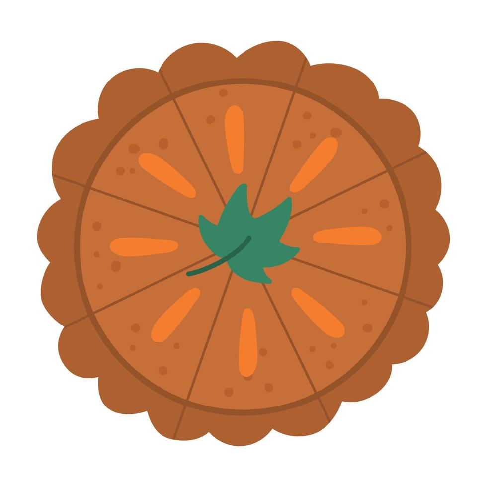 vector traditionele Thanksgiving pompoentaart bovenaanzicht. herfst dessert geïsoleerd op een witte achtergrond. leuke grappige illustratie van herfstvakantiemaaltijd met groen blad