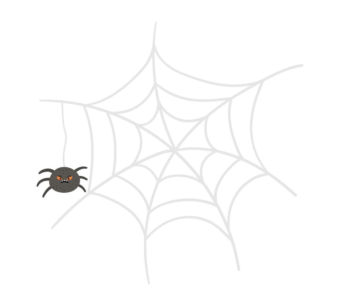 vector web en spin met oranje ogen. halloween karakter icoon. schattige herfst alle heiligen vooravond illustratie met eng zwart insect. samhain partij teken ontwerp voor kinderen.