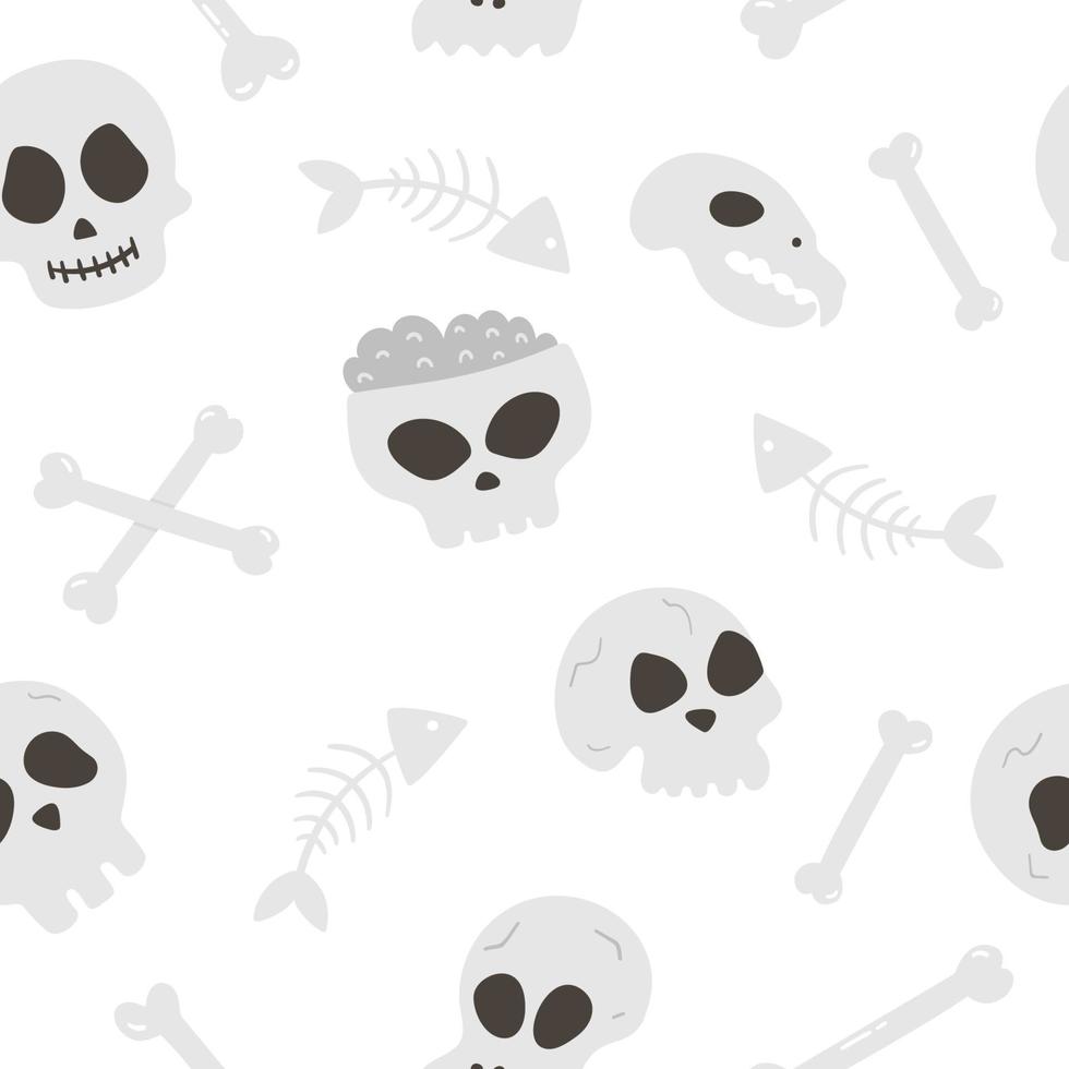 naadloos patroon met vectorschedels en beenderen. Halloween-feestachtergrond met menselijke en dierlijke skeletten. eng digitaal papier voor herfst Samhain-feest. Allerheiligen elementen textuur. vector