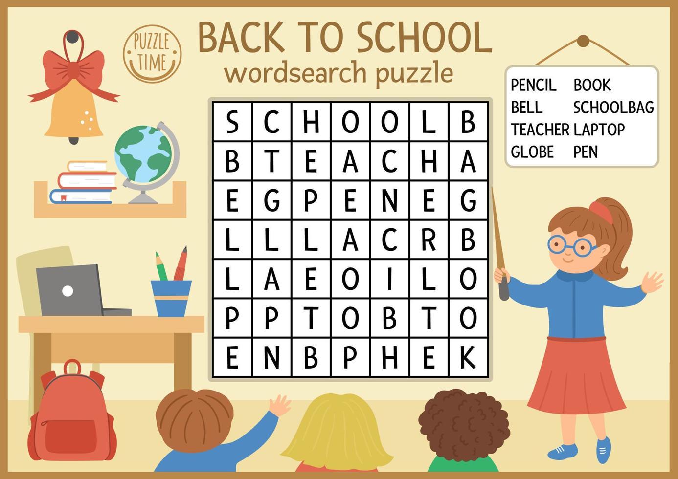 vector terug naar school woordzoeker puzzel voor kinderen. eenvoudig herfstkruiswoordraadsel met lesscène. educatieve trefwoordactiviteit met leraar in de klas, leerlingen en schoolobjecten.