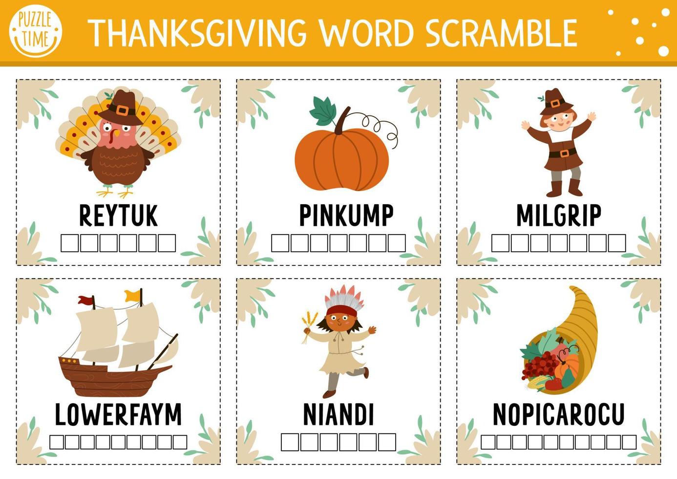 vector thanksgiving woord scramble activiteitskaarten. engels taalspel met schattige kalkoen, pompoen, pelgrim voor kinderen. herfst herfstvakantie familie quiz. eenvoudig educatief afdrukbaar werkblad.