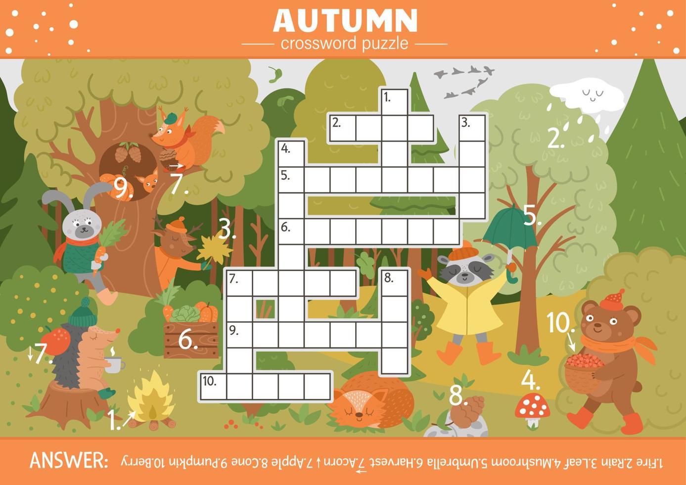 vector herfst seizoen kruiswoordraadsel voor kinderen. eenvoudige quiz met herfstbosobjecten voor kinderen. educatieve activiteit met schattige grappige bosdieren
