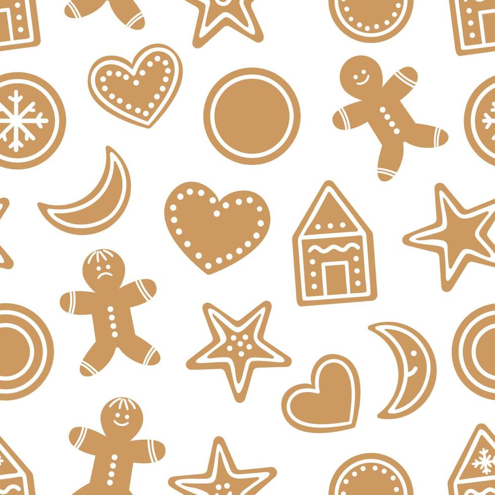 vector naadloos patroon met traditionele kerstkoekjes. leuke grappige herhalende achtergrond met peperkoek. digitaal papier met feestelijke winterkoekjes.