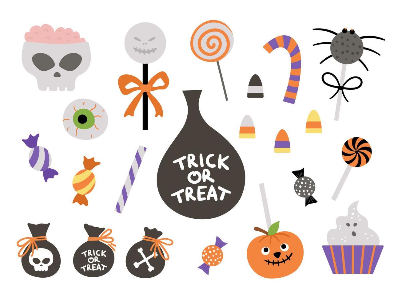 set van vectorsnoepjes voor trick or treat-spel. traditioneel Halloween-feestvoedsel. enge lolly's, karamel, snoepsticks collectie. spin, spook, schedelvormig dessertpakket. herfstvakantie ontwerp vector