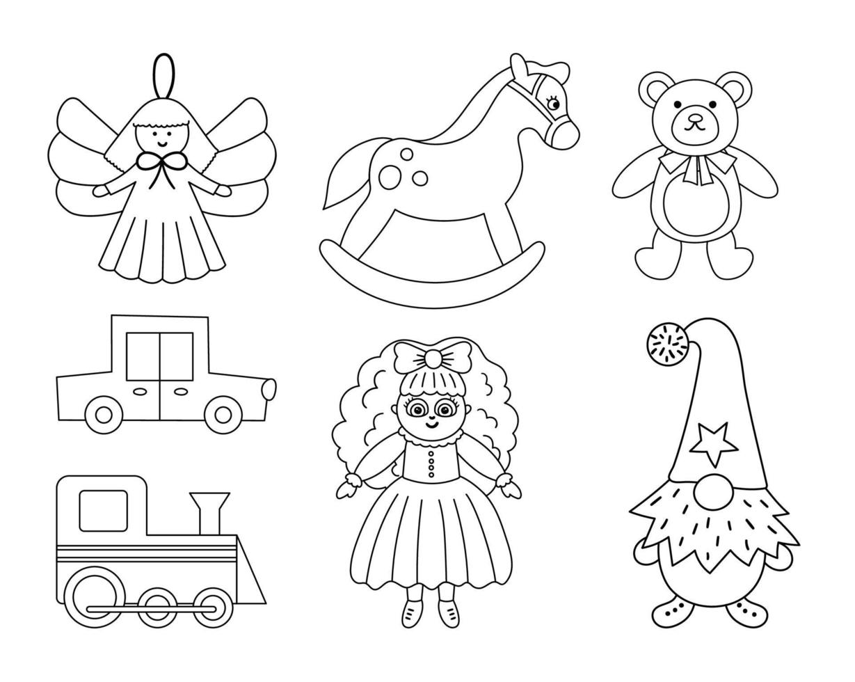 leuke kerst zwart-wit speelgoed collectie. vector nieuwe jaarlijn geschenken voor kinderen. Kerstman cadeautjes voor kinderen. hobbelpaard, teddybeer, pop, kabouter, auto, trein.
