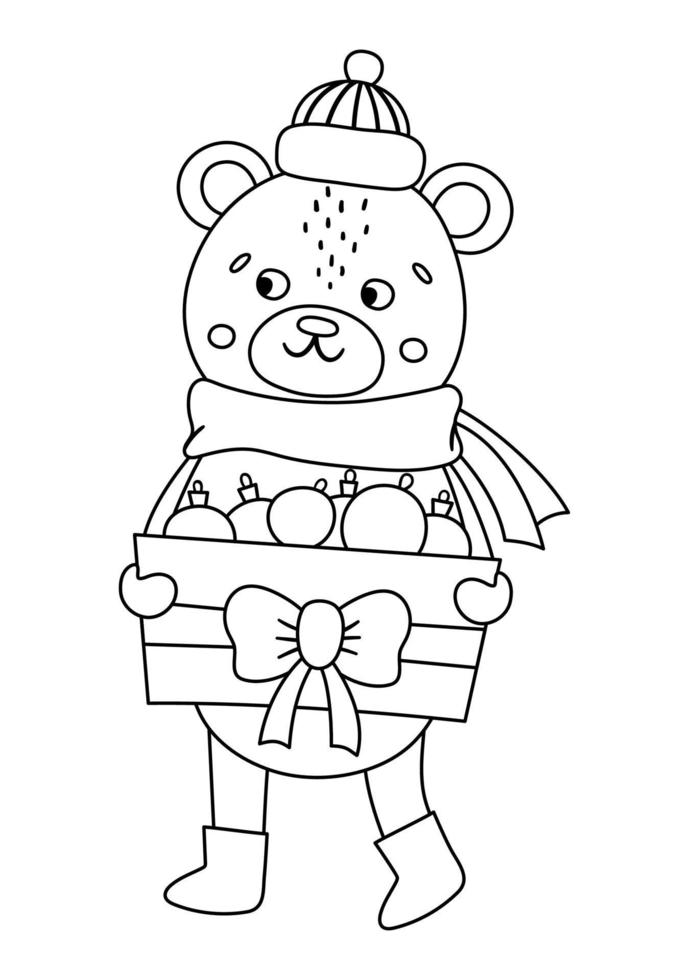 vector zwart-witte beer in muts en sjaal met doos kerstballen. schattige winter dieren illustratie met decoraties voor dennenboom. grappig kerstkaartontwerp. nieuw jaar lijn icoon