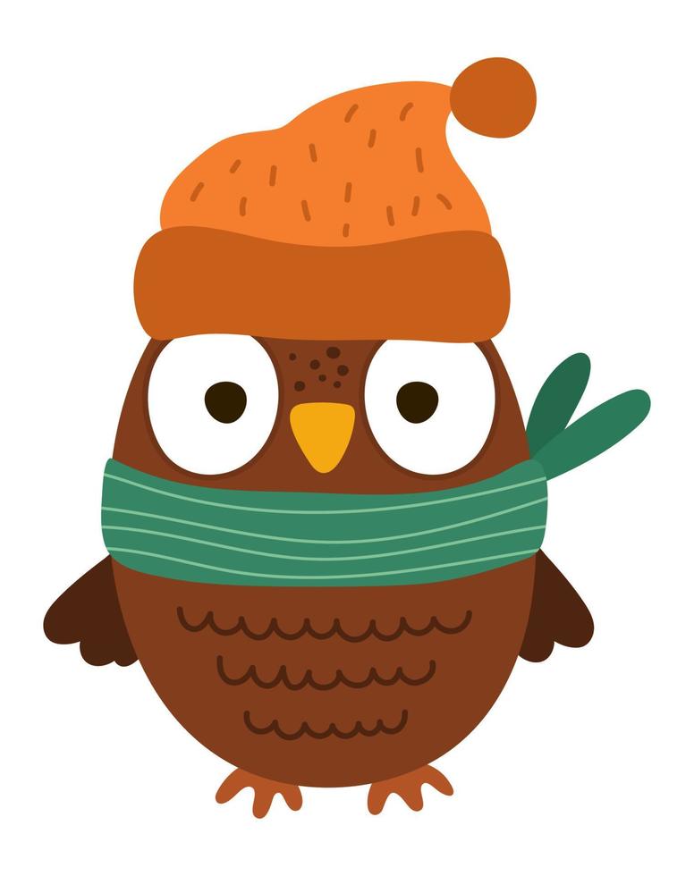 schattige uil in oranje hoed en groene sjaal. vector herfst vogel geïsoleerd op een witte achtergrond. herfst seizoen bos dier icoon om af te drukken, briefkaart. grappige bos- of Thanksgiving-dagillustratie