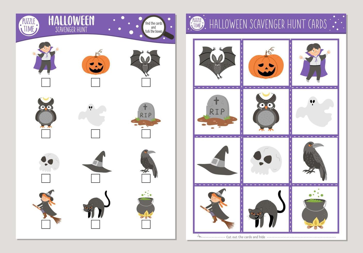 vector halloween speurtocht kaarten set. zoek en vind spel met heks, lantaarn, vampier voor kinderen. herfst herfstvakantie zoekactiviteit. eenvoudig educatief afdrukbaar werkblad.