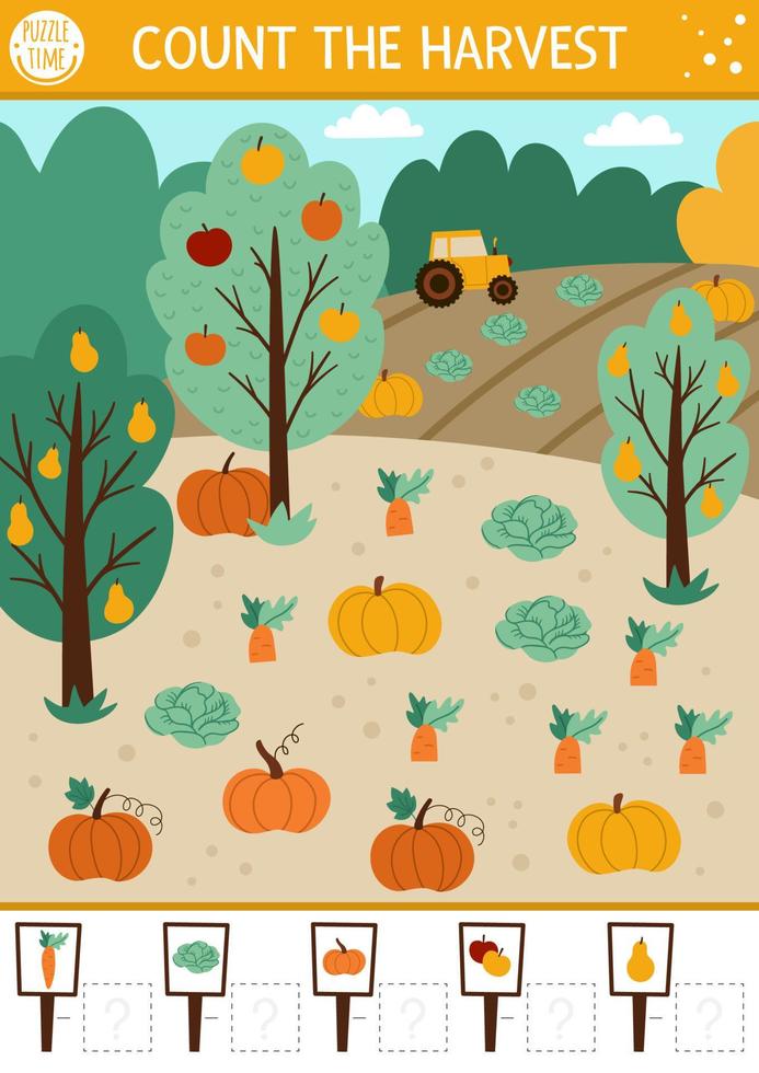 herfsttelspel met oogst in de tuin of het veld. herfst of Thanksgiving wiskunde activiteit voor kleuters. eenvoudig afdrukbaar werkblad met boerderijthema. educatieve puzzel voor kinderen. vector