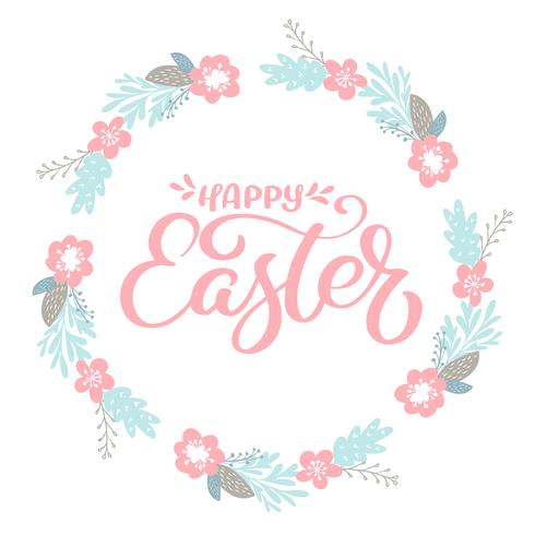 Roze &quot;Happy Easter&quot; Hand getrokken kalligrafie &amp; krans met bloemen vector