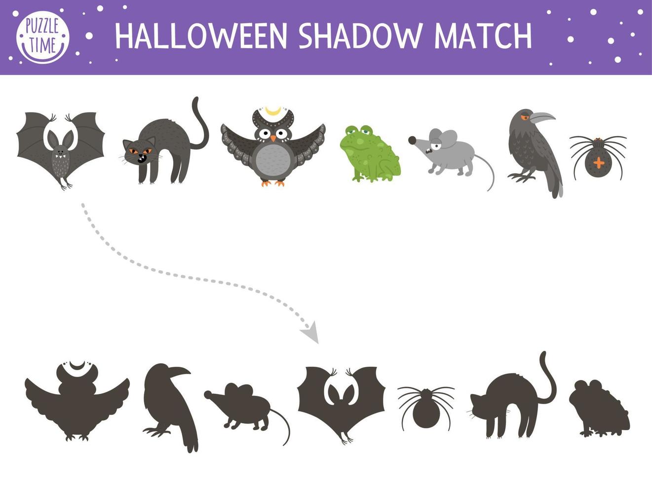 halloween schaduw matching activiteit voor kinderen. herfstpuzzel met enge dieren. educatief spel voor kinderen met zwarte kat, vleermuis, uil, raaf, spin. vind het juiste afdrukbare werkblad met silhouet. vector
