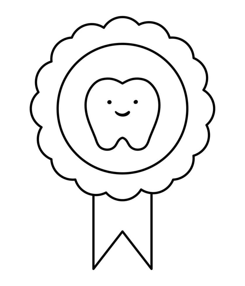 zwart-wit vector medaille met lachende tand. vectorlijnbadge voor tandheelkundige zorgbehandeling of tandenwissel voor kinderen. tandarts babykliniek clipart of kleurplaat