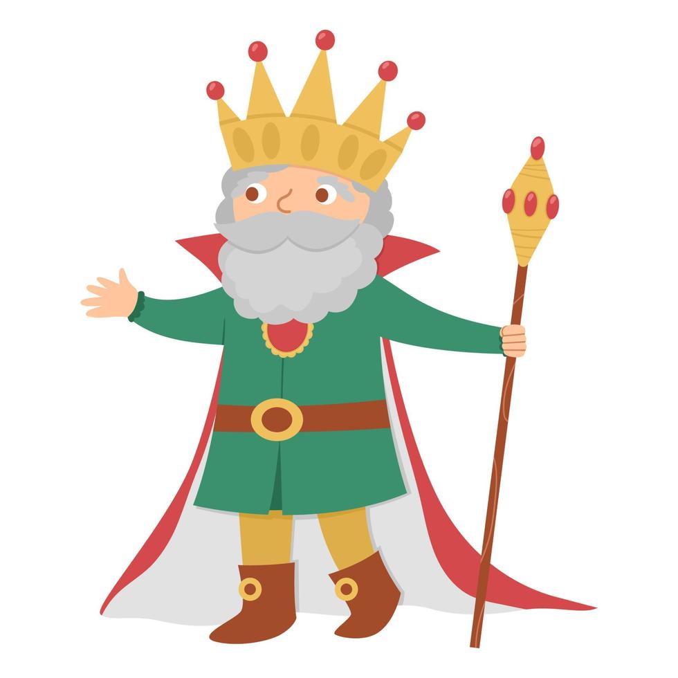 sprookje koning met scepter geïsoleerd op een witte achtergrond. vector fantasie monarch in kroon en mantel. middeleeuws sprookjesprins karakter. cartoon magisch soeverein pictogram