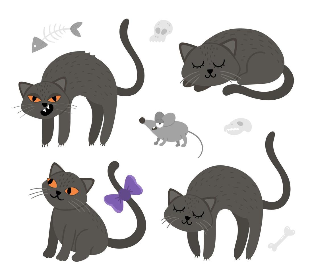 set van schattige vector zwarte katten en muis. halloween tekens iconen collectie. grappige herfst alle heiligen vooravond illustratie met enge dieren, sculls, botten. samhain partij teken ontwerp voor kinderen.