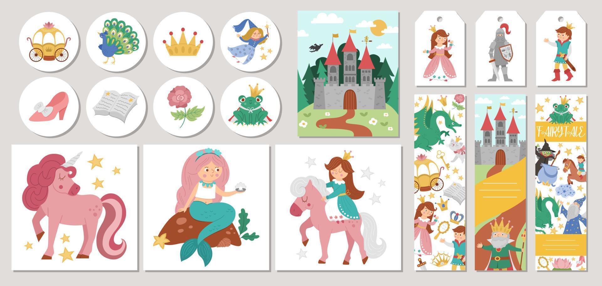 leuke set sprookjeskaarten met prinses, eenhoorn, kasteel, prins. vector sprookje vierkante, ronde, verticale afdruksjablonen. fantasieverhalenboekontwerp voor tags, ansichtkaarten, advertenties