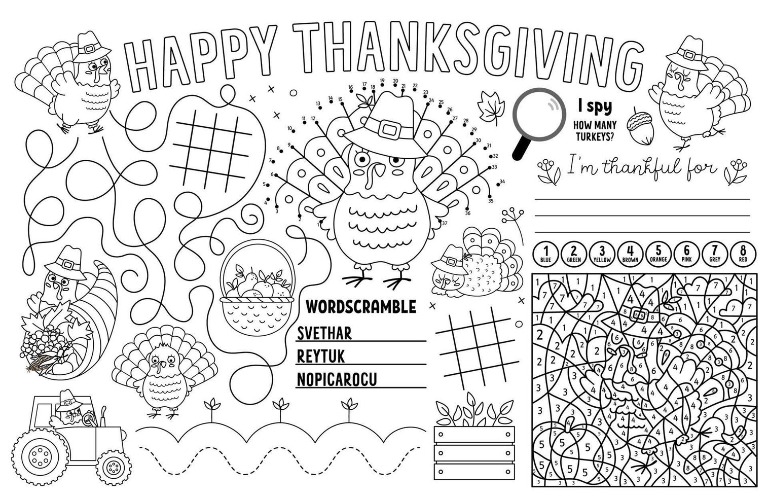 vector thanksgiving placemat voor kinderen. herfstvakantie afdrukbare activiteitenmat met doolhof, boter-kaas-en-eieren grafieken, verbind de stippen, zoek het verschil. zwart-wit herfst speelkleed of kleurplaat