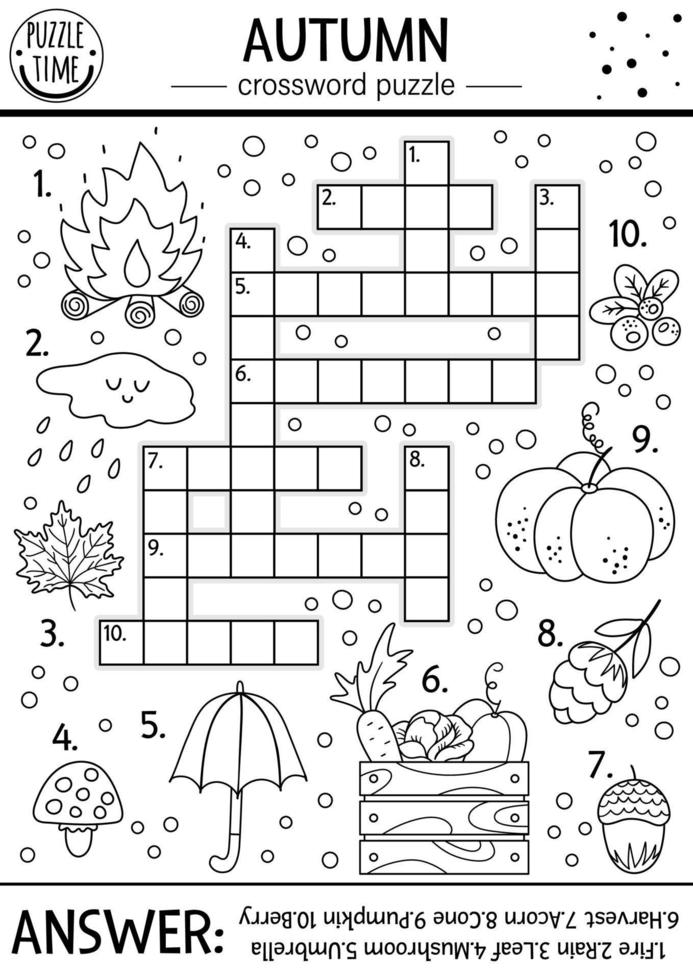 vector zwart-wit herfst seizoen kruiswoordraadsel voor kinderen. eenvoudige overzichtsquiz met herfstbosobjecten voor kinderen. educatieve activiteit of kleurplaat met schattige grappige bosdieren