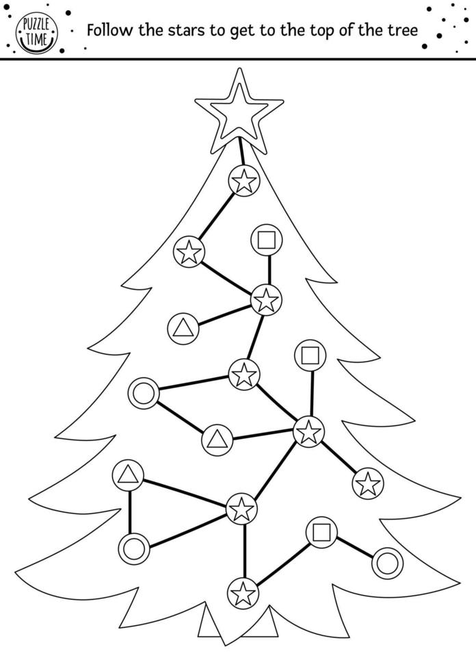 kerst zwart-wit doolhof voor kinderen. winter voorschoolse afdrukbare educatieve activiteit met oefening voor vormherkenning. grappig vakantiespel of kleurplaat met dennenboom. volg de sterren puzzel vector