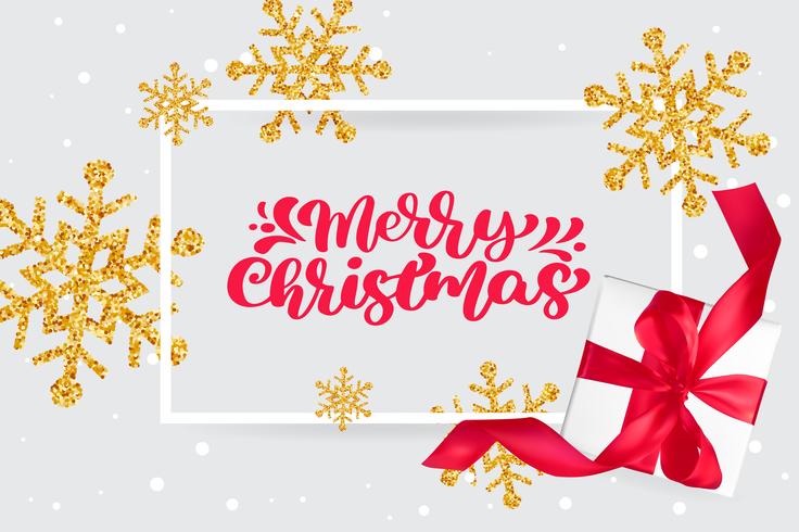 Merry Christmas rode vintage kalligrafie belettering vector tekst op wenskaart met gouden sneeuwvlokken en geschenkdoos. Voor de lijstpagina met tekeningen van de kunstsjabloon, mockup-brochure