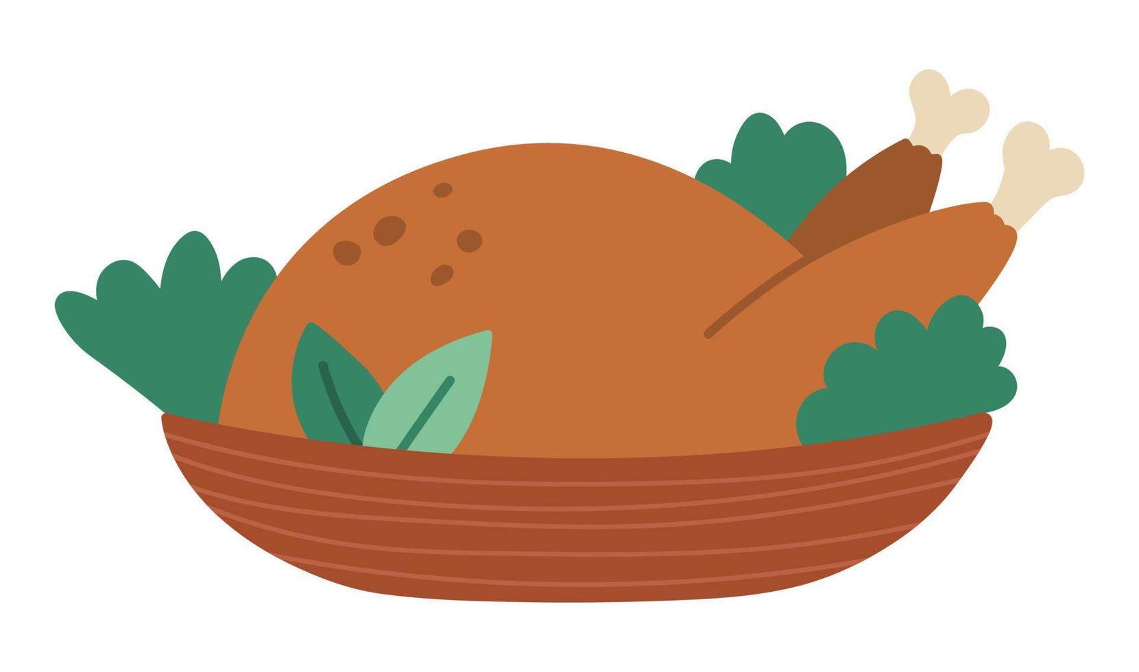 vector gebakken kip of kalkoen op een bord. Kerstmis of Thanksgiving feestelijk eten. vakantie maaltijd geïsoleerd op witte achtergrond