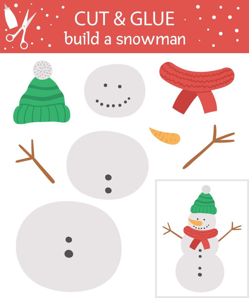 vector kerst knippen en lijmen activiteit. winter educatief knutselspel met schattige sneeuwpop. leuke activiteit voor kinderen. bouw een sneeuwpop-werkblad voor kinderen.
