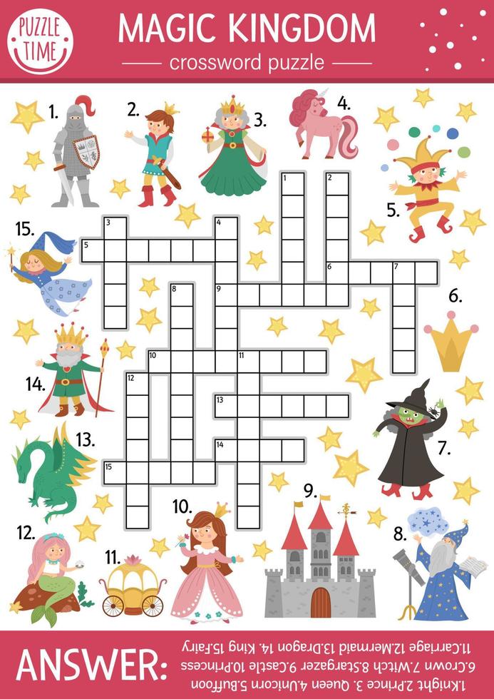 vector sprookjesachtige kruiswoordpuzzel voor kinderen. eenvoudige magische koninkrijksquiz met fantasiewezens voor kinderen. educatieve activiteit met ridder, kasteel, prinses, eenhoorn. sprookje kruiswoordraadsel