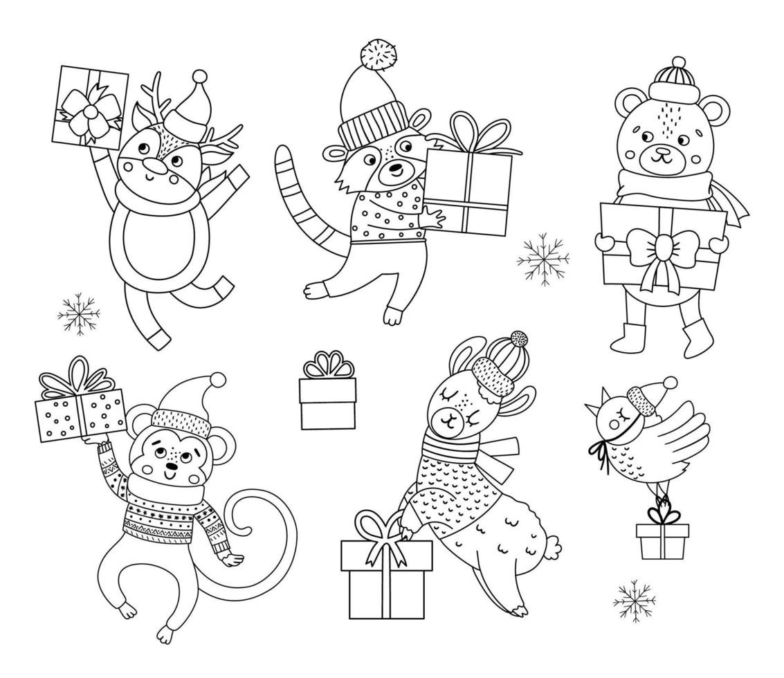 schattige zwart-witte vectordieren in hoeden, sjaals en truien met cadeautjes en sneeuwvlokken. winter set met geschenken. grappige kerst kleurplaat. nieuwjaarsafdruk met lachend karakter vector