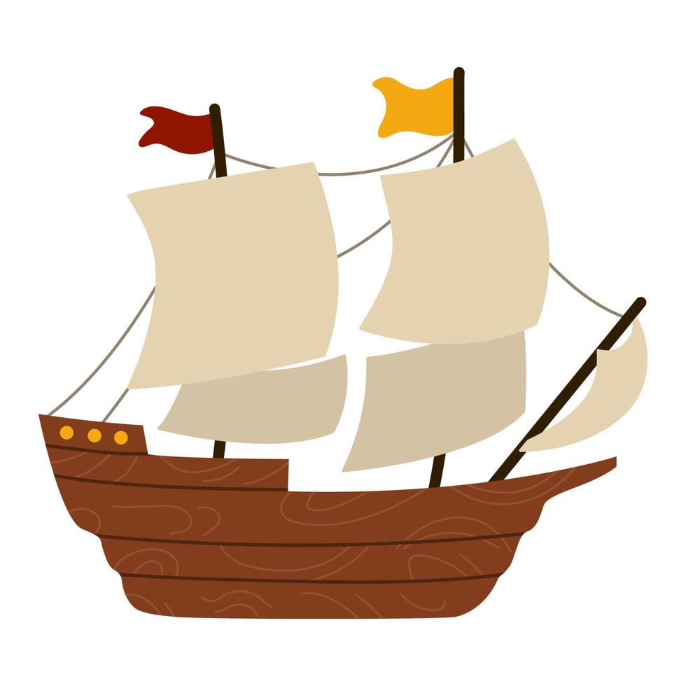 vector houten schip met zeilen geïsoleerd op een witte achtergrond. pelgrim historische boot illustratie. Thanksgiving dag icoon. eerste Amerikaanse mensen vervoer