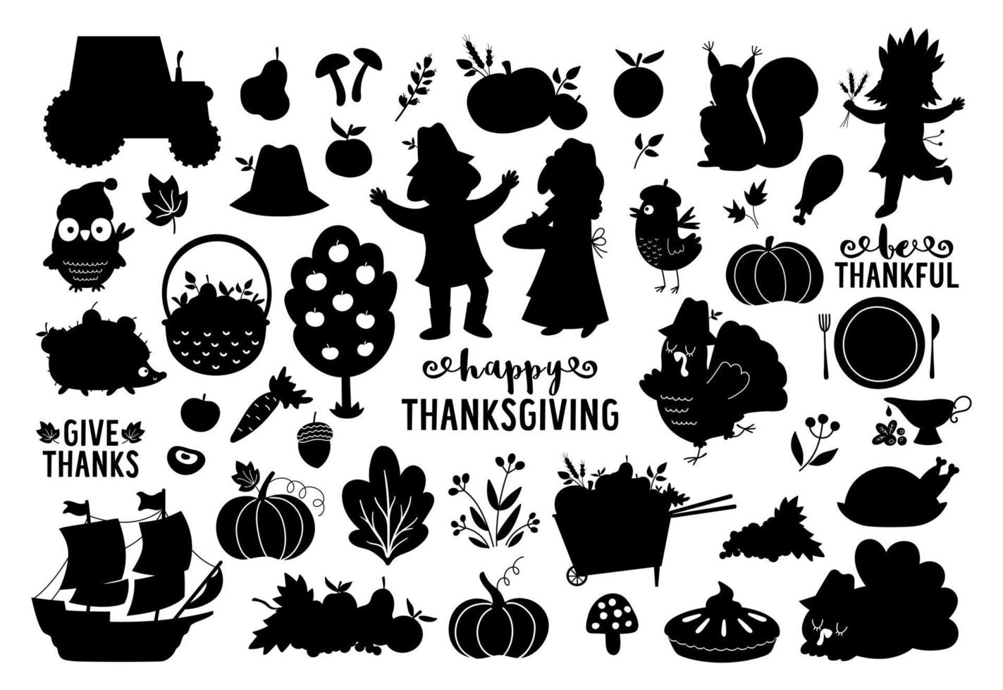 vector thanksgiving silhouetten instellen. herfst zwart-wit collectie met schattige kalkoen, pelgrims, pompoenen, bosdieren. herfstvakantiezegelspakket met oogst, fruit, groenten