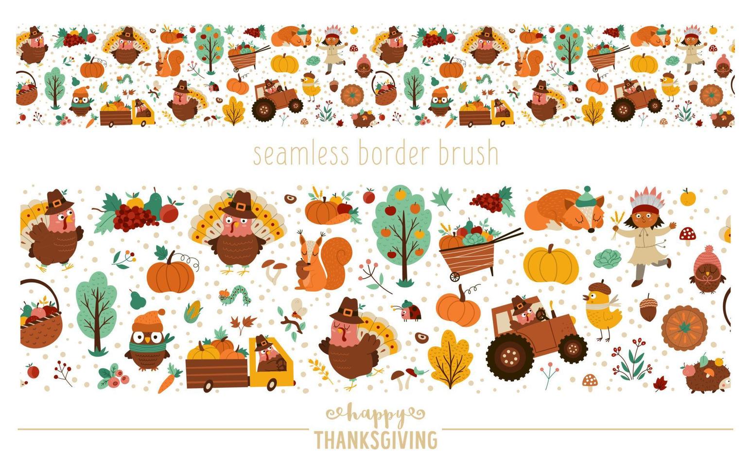 vector thanksgiving naadloze patroonpenseel. herfst herhaal horizontale rand achtergrond met Indiaanse kalkoen, dieren, oogst, hoorn des overvloeds, pompoenen, bomen. herfstvakantie digitaal papier