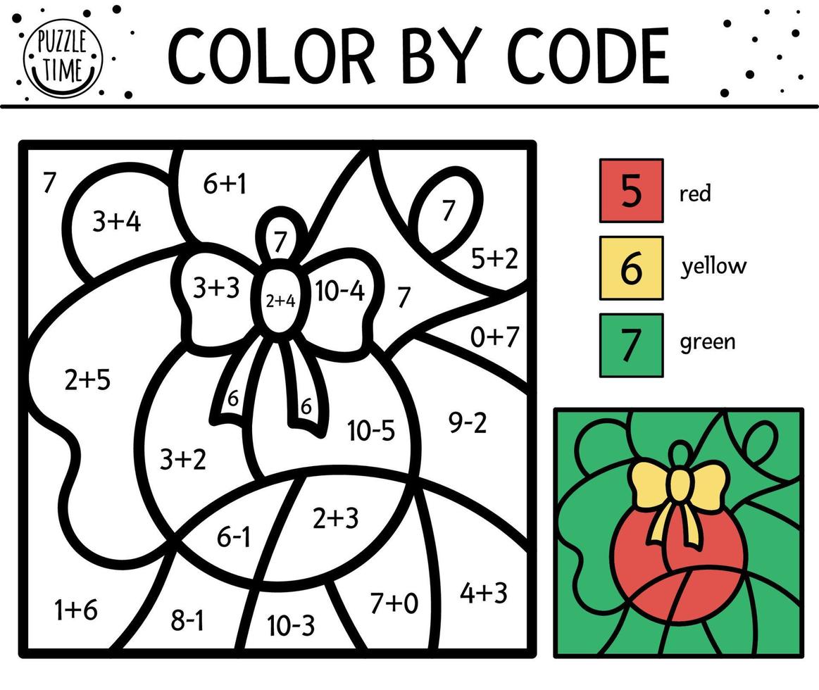 vector kerst kleur op nummer activiteit met gekleurde bal. eenvoudig wintervakantie kleur- en telspel met schattig dier. grappig nieuwjaarskleur op code werkblad met wiskundepraxis voor kinderen.