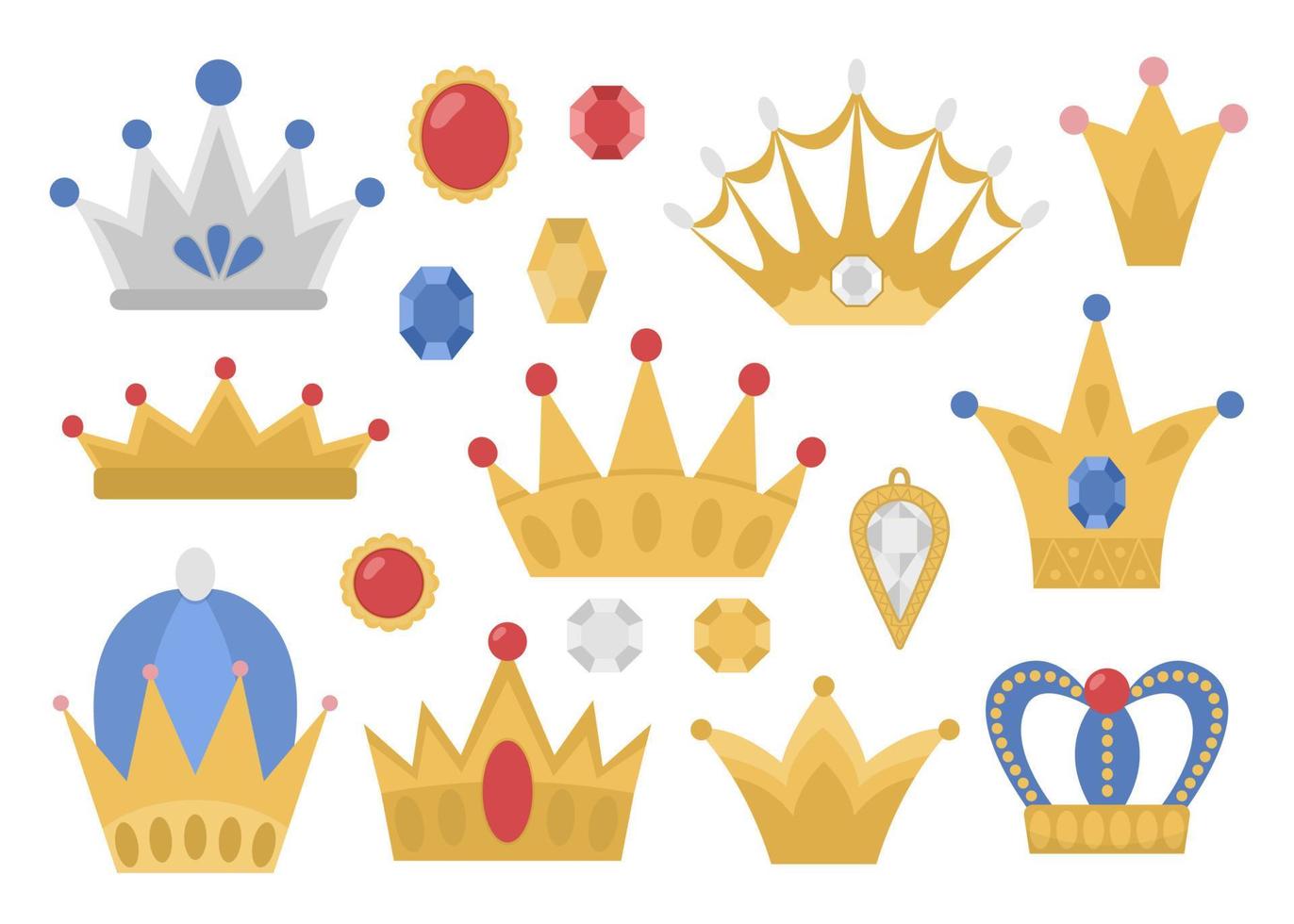 sprookje kronen collectie. vector set fantasie koning of koningin accessoires. soevereine autoriteit symbolen. middeleeuwse sprookjesachtige koninklijke sieraden iconen. cartoon magische objecten