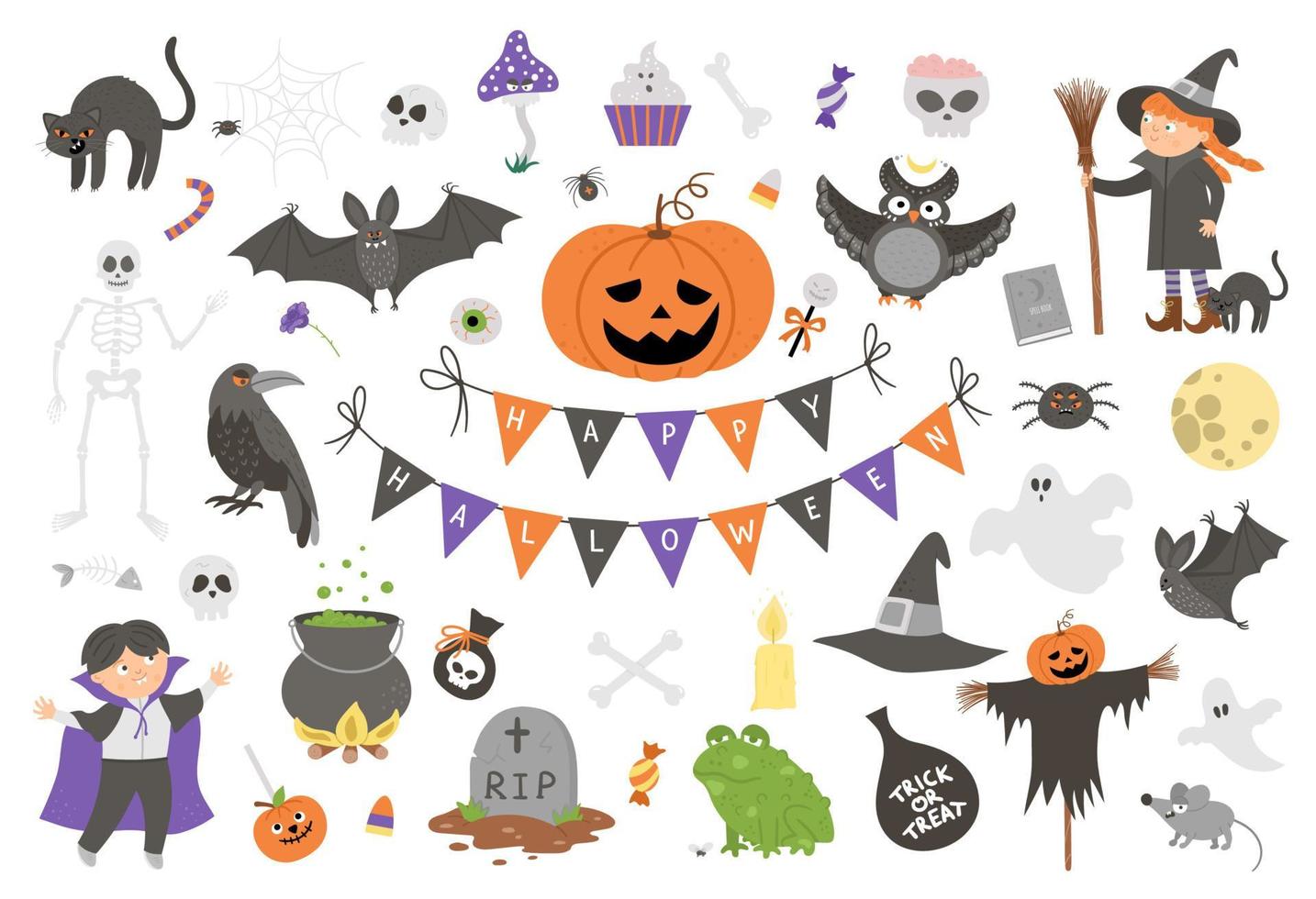 grote reeks halloween vectorelementen. traditionele samhain partij clipart. enge collectie met jack-o-lantern, spin, geest, schedel, vleermuizen, heks, vampier. herfstvakantie vlakke stijl ontwerppakket vector