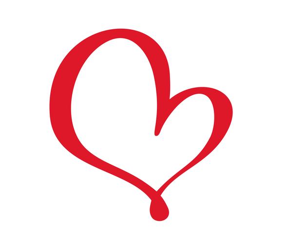 Red Vector Valentines Day Hand getrokken kalligrafische hart. Vakantie ontwerp element. Icoon liefdes decor voor web, bruiloft en print. Geïsoleerde kalligrafie belettering illustratie