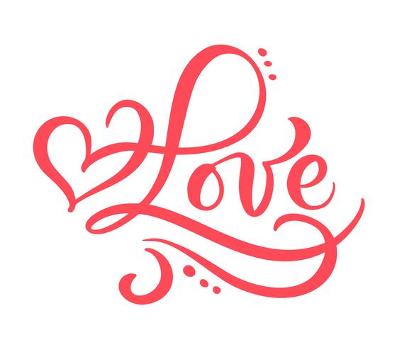 Rode kalligrafie woord liefde. Vector Valentijnsdag Hand getrokken belettering. Hart vakantie ontwerp valentijn kaart. liefdes decor voor web, bruiloft en print. Geïsoleerde illustratie