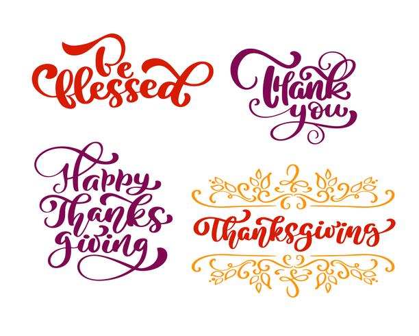 Set van kalligrafie zinnen Wees gezegend, dank u, voor Happy Thanksgiving Day. Holiday Family Positieve citaten belettering. Briefkaart of poster grafisch ontwerp typografie-element. Handgeschreven vector