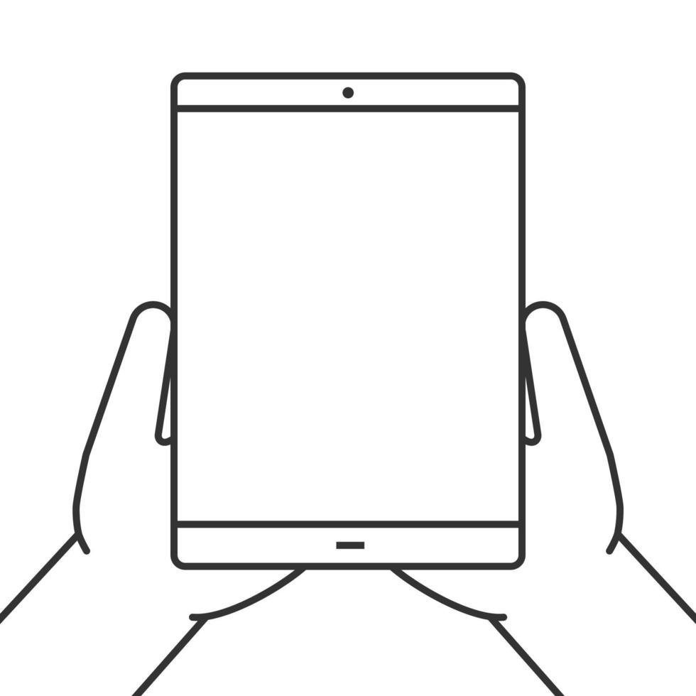 handen met het lineaire pictogram van de tabletcomputer. dunne lijn illustratie. contour symbool. vector geïsoleerde overzichtstekening