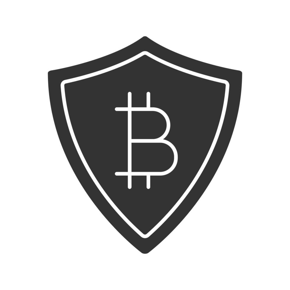 veilig bitcoin-betalingen glyph-pictogram. silhouet symbool. cryptogeld. beschermingsschild met bitcoin-teken. negatieve ruimte. vector geïsoleerde illustratie