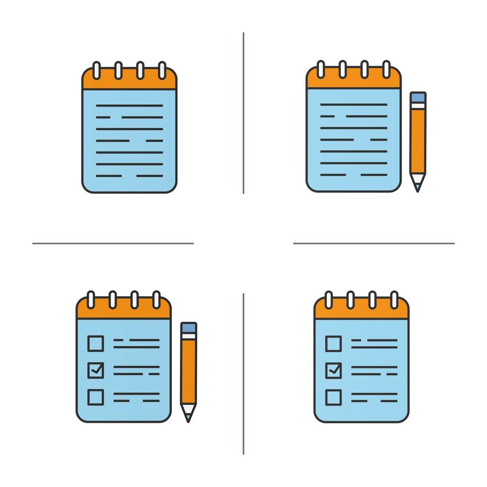 notitieblokken gekleurde pictogrammen instellen. notitieboekjes en to do lijstjes met potloden. geïsoleerde vectorillustraties vector