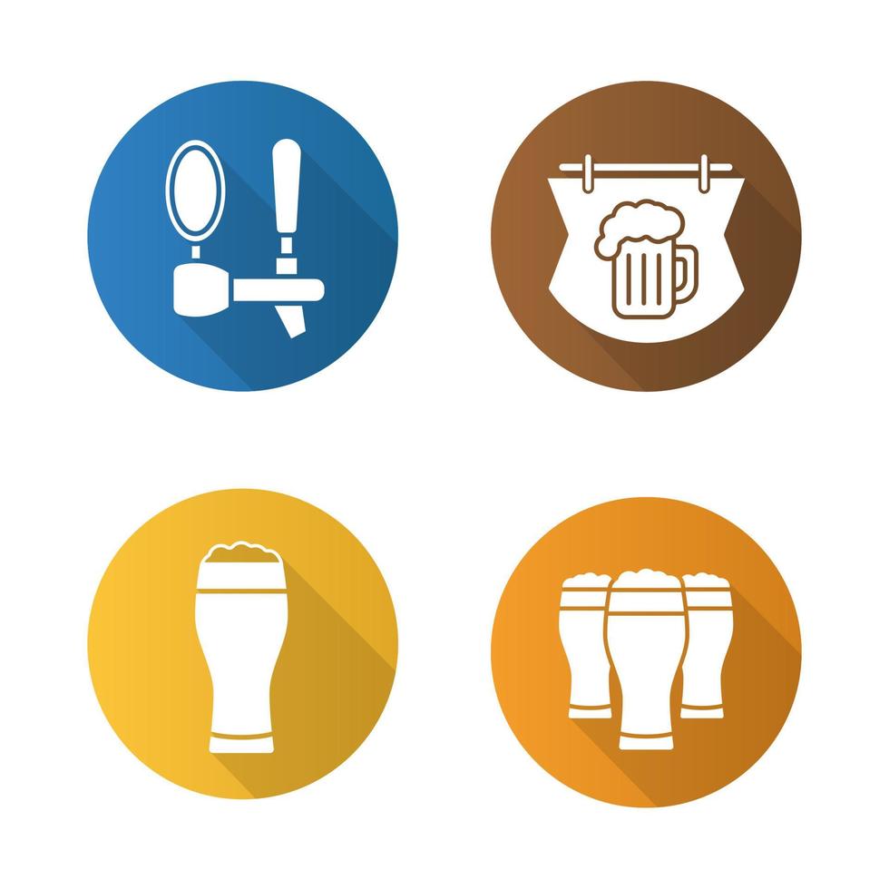 bier pub platte ontwerp lange schaduw iconen set. houten bar uithangbord, schuimige bierglazen en tap. vector silhouet symbolen